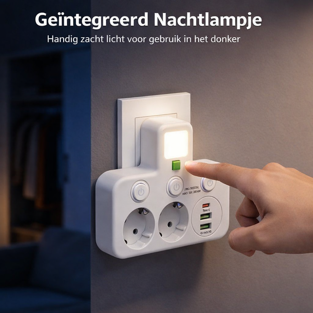 PlugMaster Connect - Intelligente stekkerdoos met USB-poorten + nachtlamp