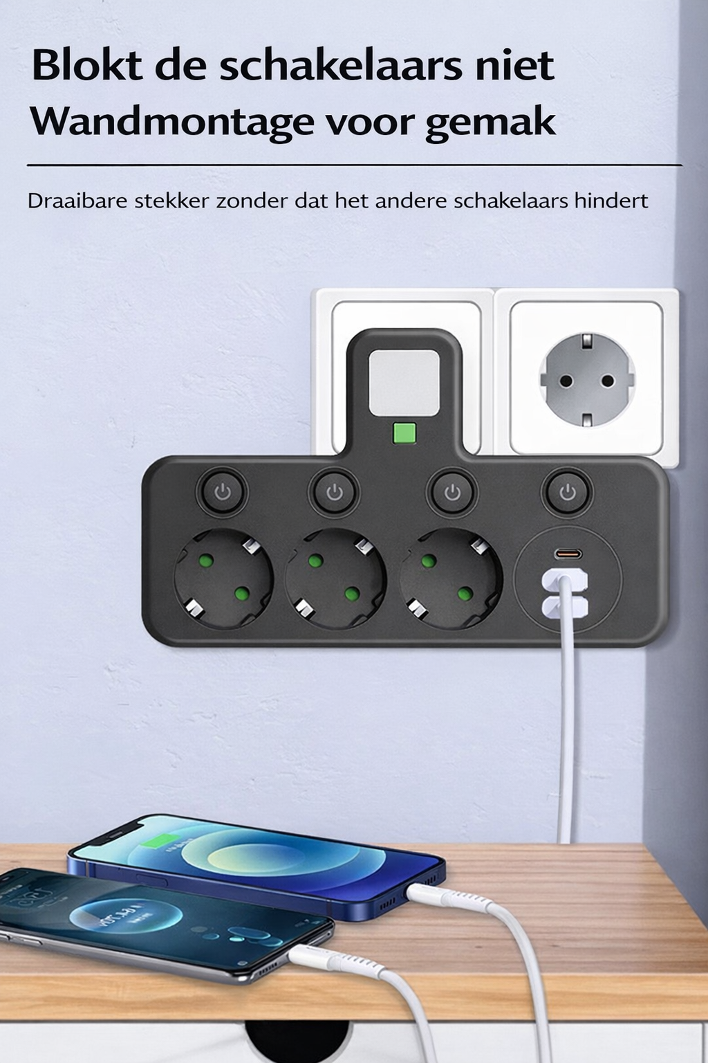PlugMaster Connect - Intelligente stekkerdoos met USB-poorten + nachtlamp
