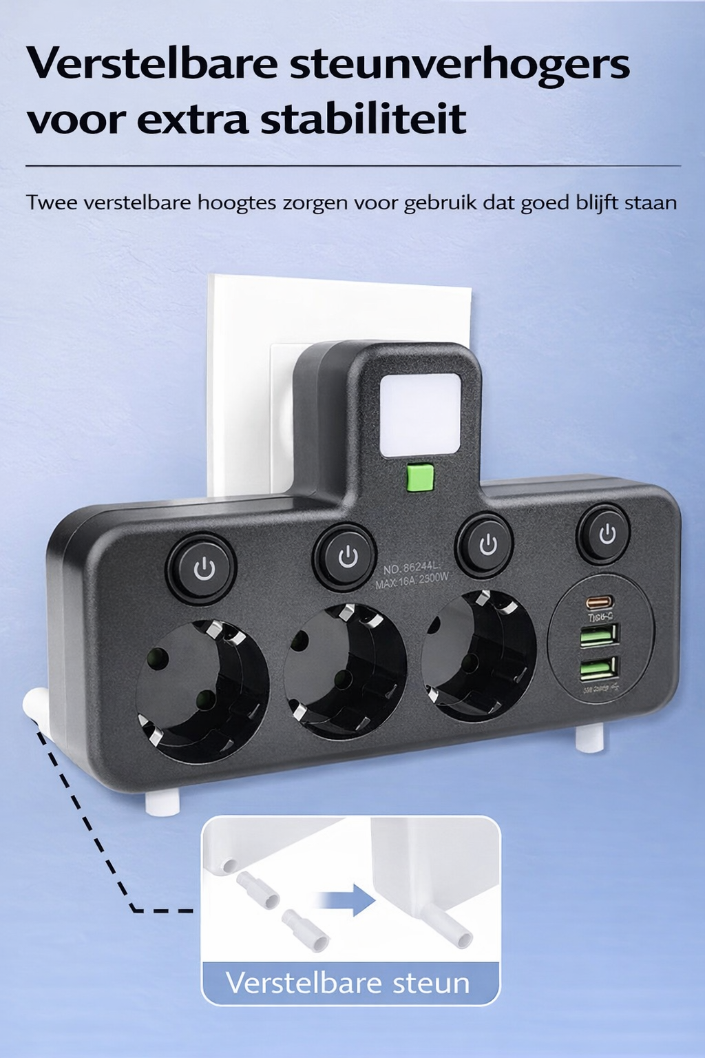 PlugMaster Connect - Intelligente stekkerdoos met USB-poorten + nachtlamp