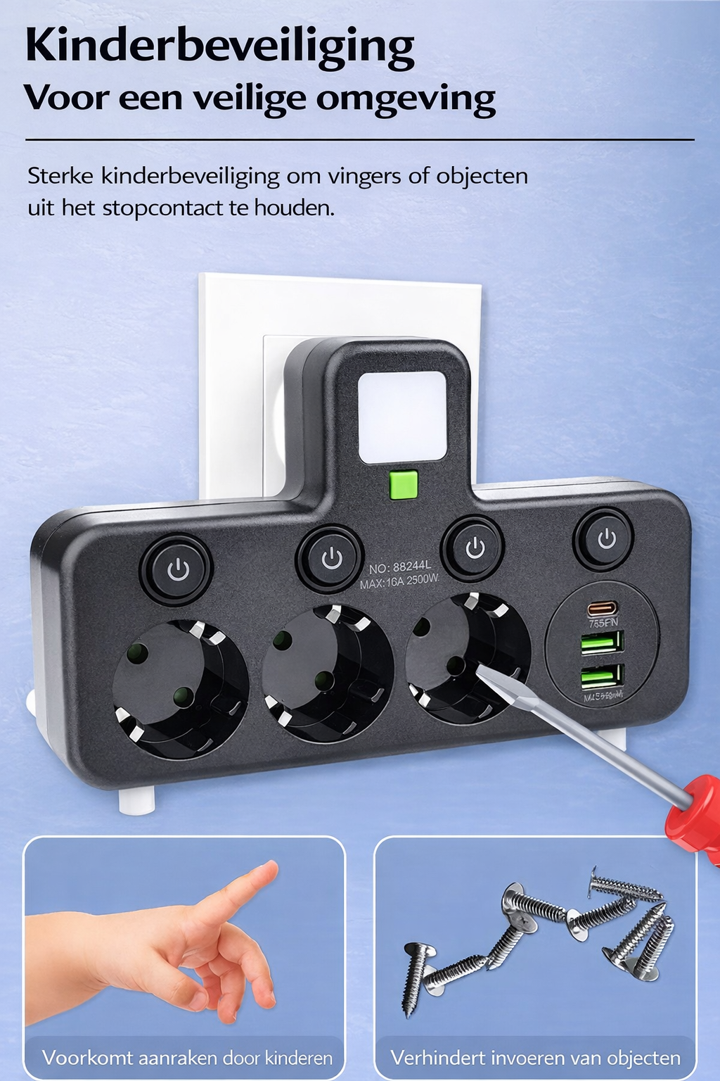 PlugMaster Connect - Intelligente stekkerdoos met USB-poorten + nachtlamp
