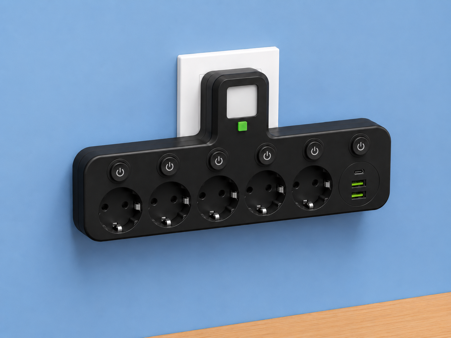 PlugMaster Connect – Stekkerdoos met USB & USB-C + Nachtlampje
