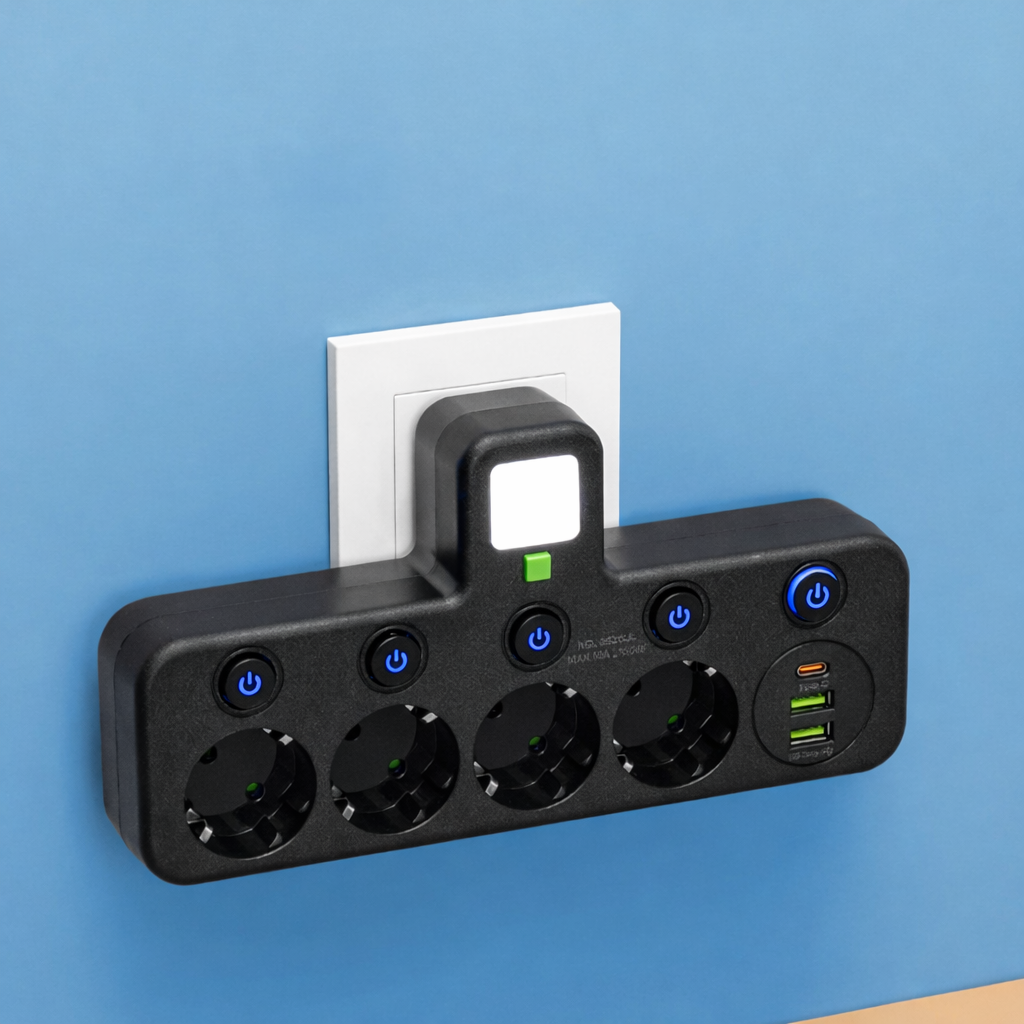 PlugMaster Connect - Intelligente stekkerdoos met USB-poorten + nachtlamp