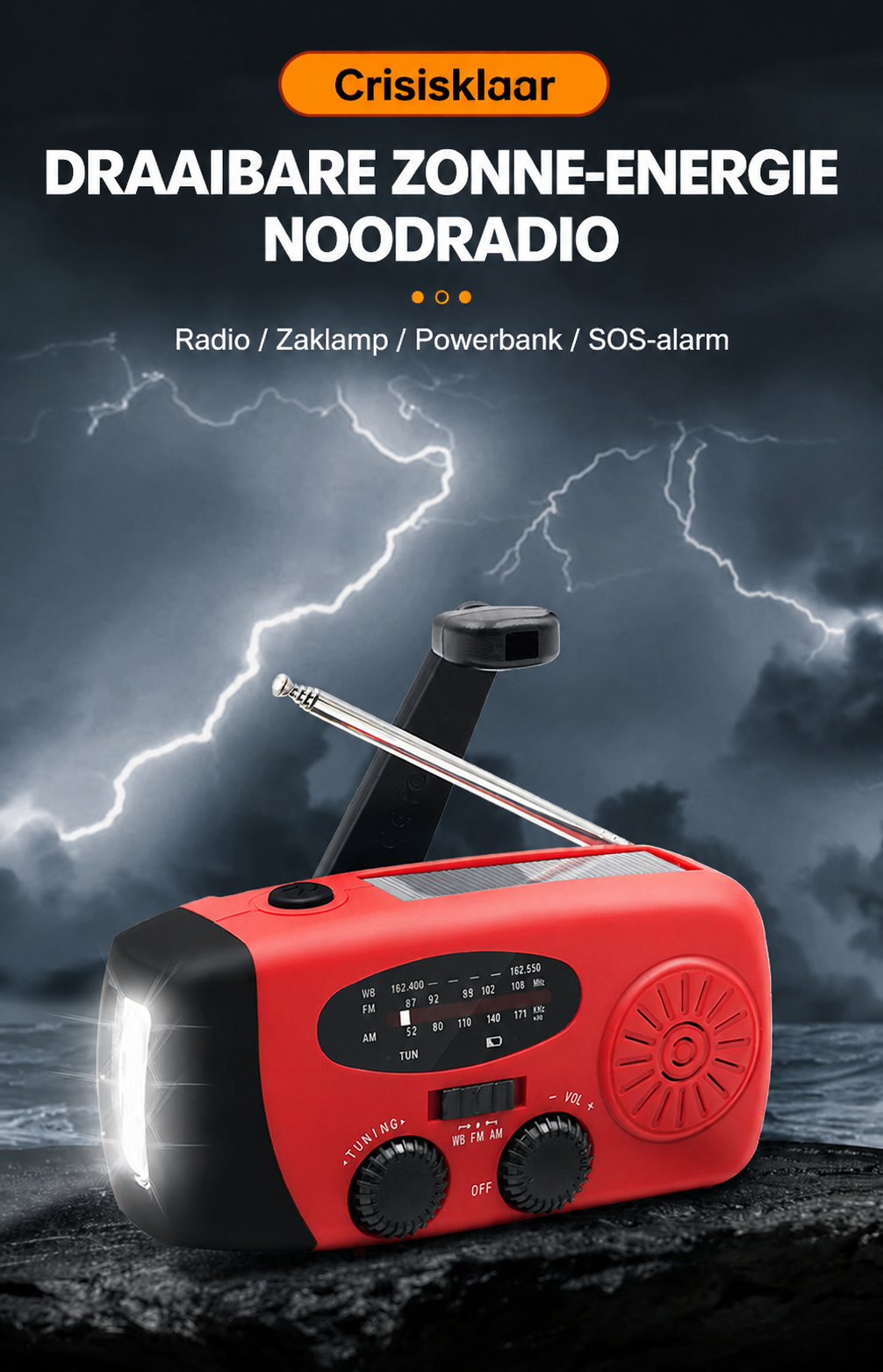 CrisisKlaar — Radio, zaklamp en powerbank in één